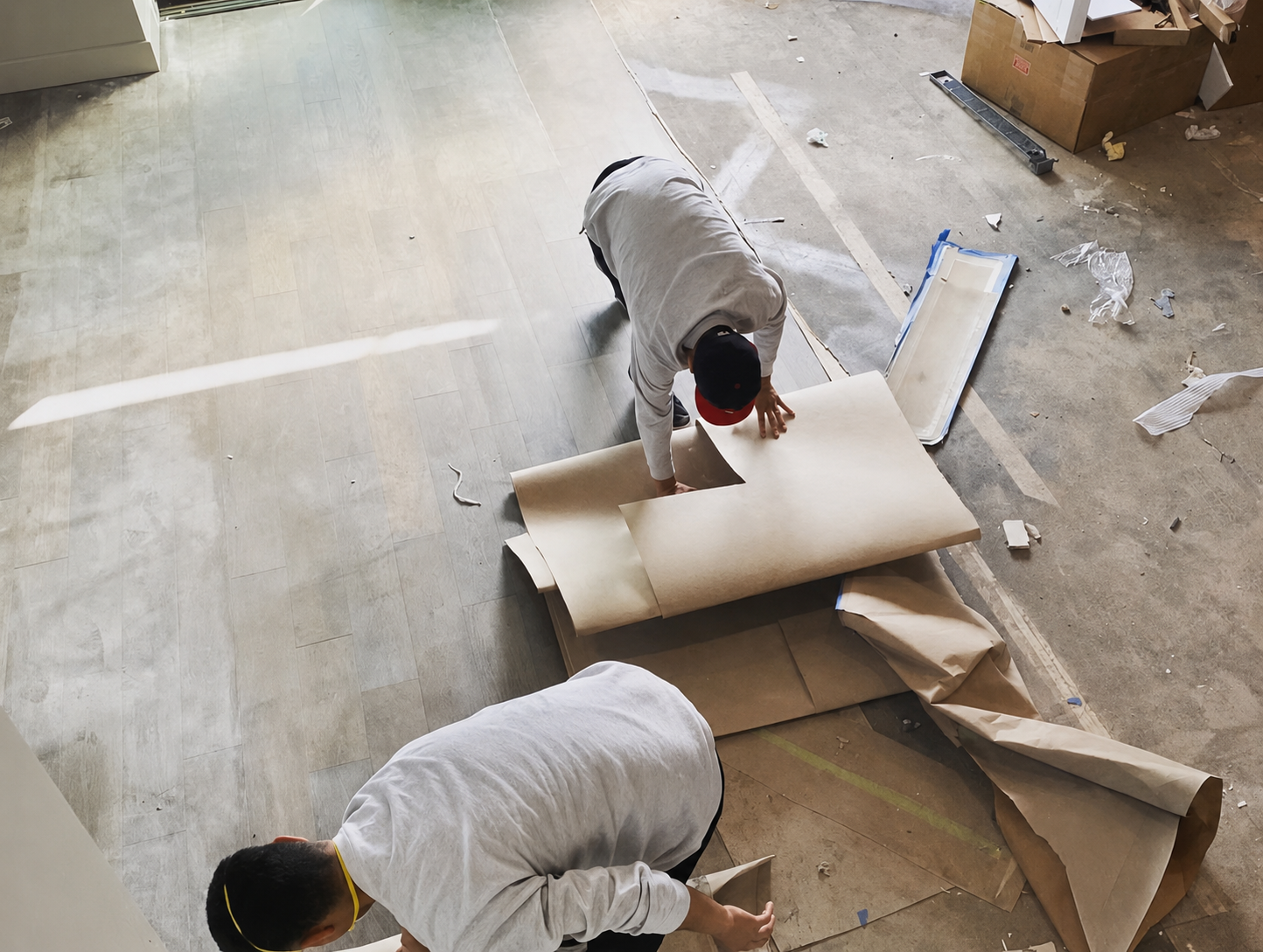 Construction floor protection removal during Los Angeles post-construction cleanup