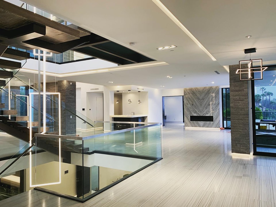 Luxury Los Angeles interior with glass railing after cleaning